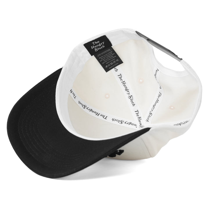 black and off-white snapback hat with the hungry sloth branding underneath