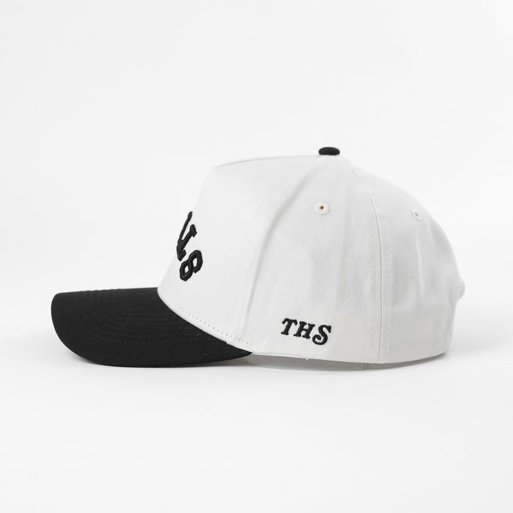 steak upside down a-frame snapback hat with THS logo on the side