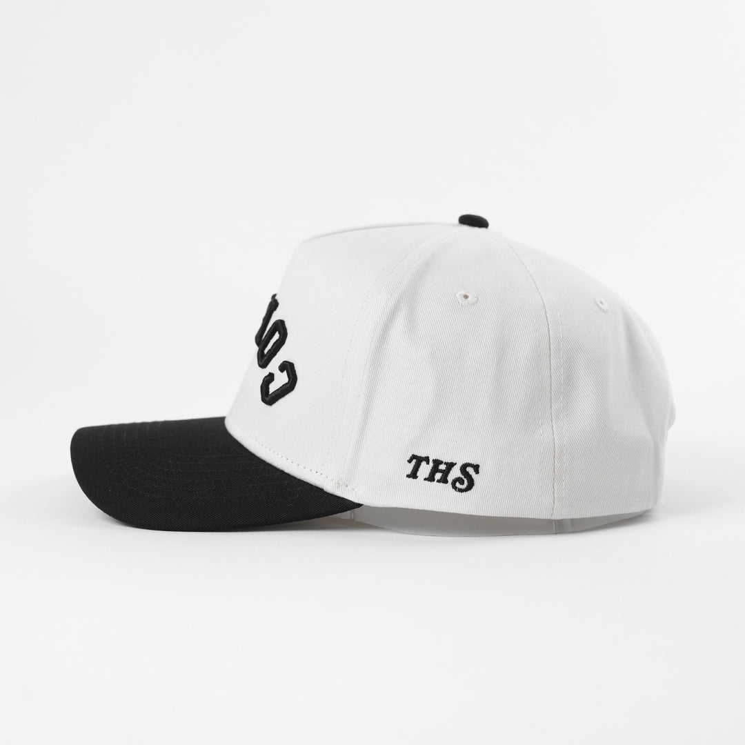 coffee upside down a-frame snapback hat with THS logo on the side