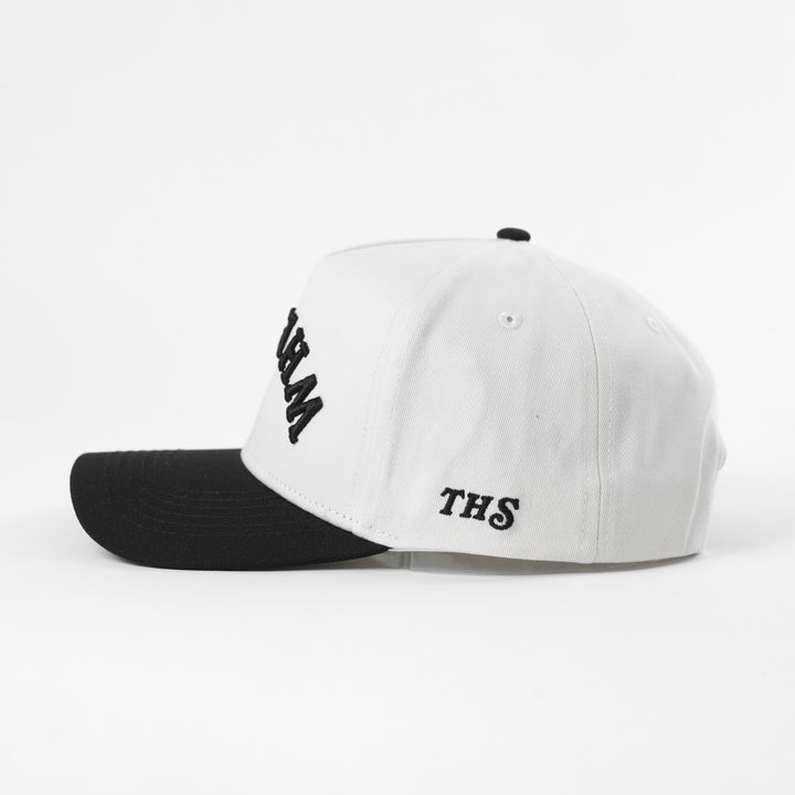 whiskey upside down a-frame snapback hat with THS logo on the side