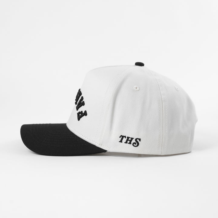 falafel upside down a-frame snapback hat with THS logo on the side