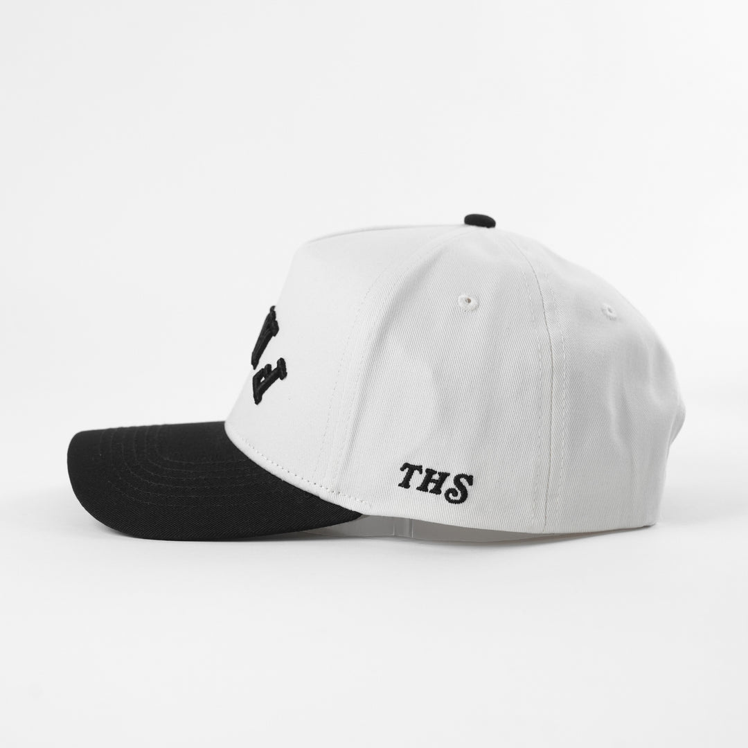 fries upside down a-frame snapback hat with THS logo on the side