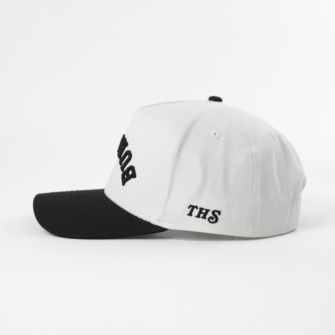 burritos upside down a-frame snapback hat with THS logo on the side