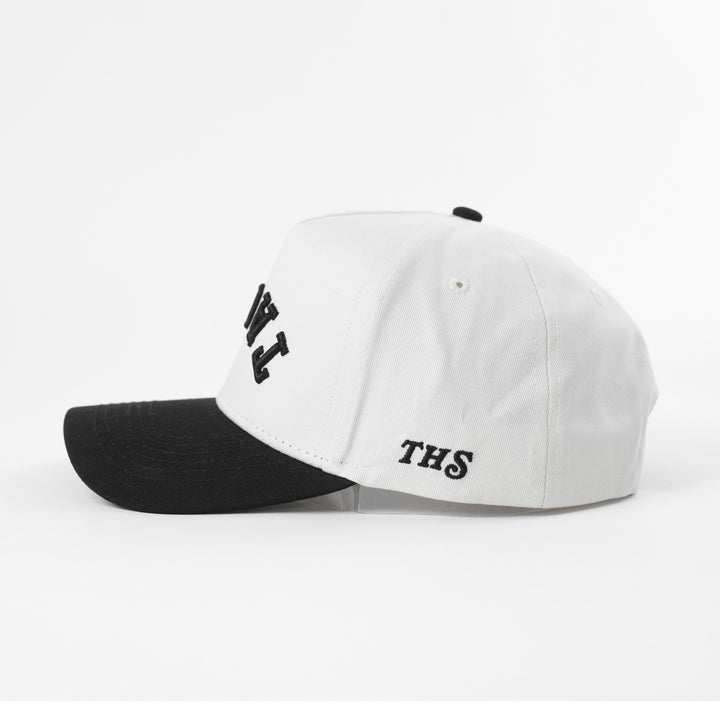 tacos upside down a-frame snapback hat with THS logo on the side
