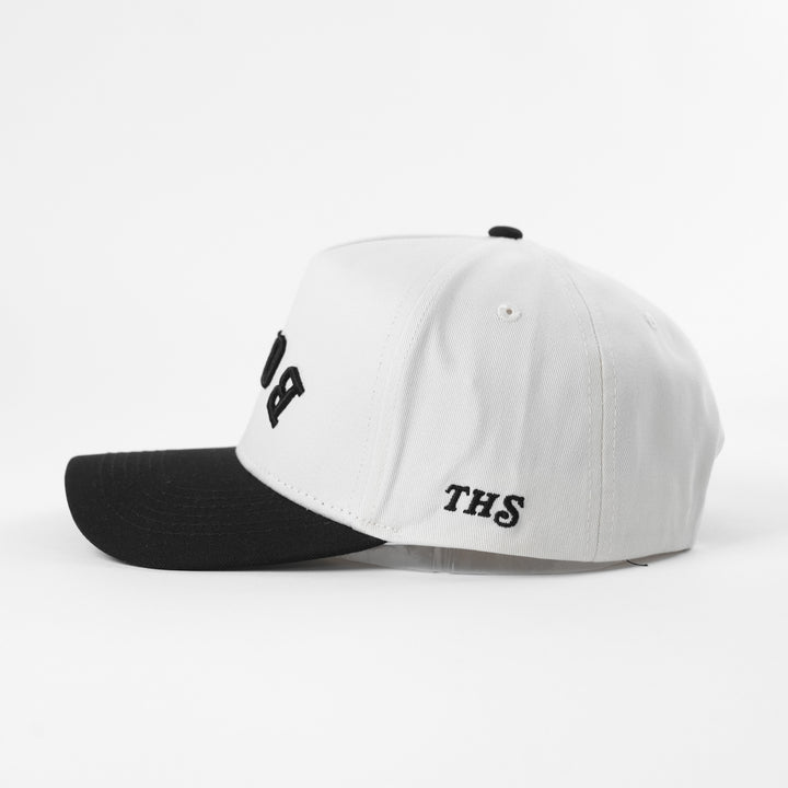 black and white snapback hat with 'THS' logo on the side
