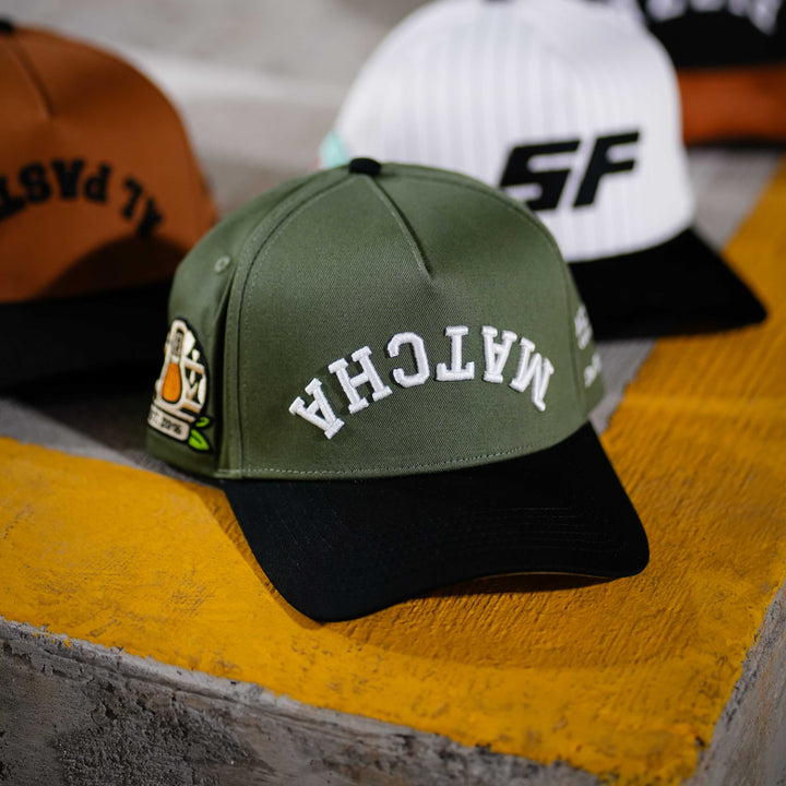 matcha upside down snapback hat from academic coffee and the hungry sloth