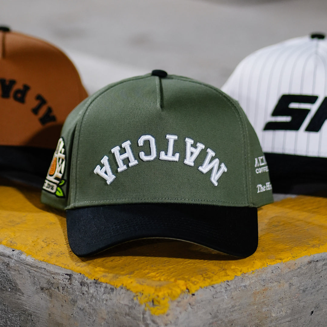 upside down matcha snapback hat from academic coffee and the hungry sloth