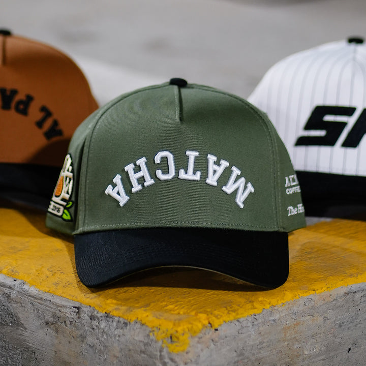 upside down matcha snapback hat from academic coffee and the hungry sloth