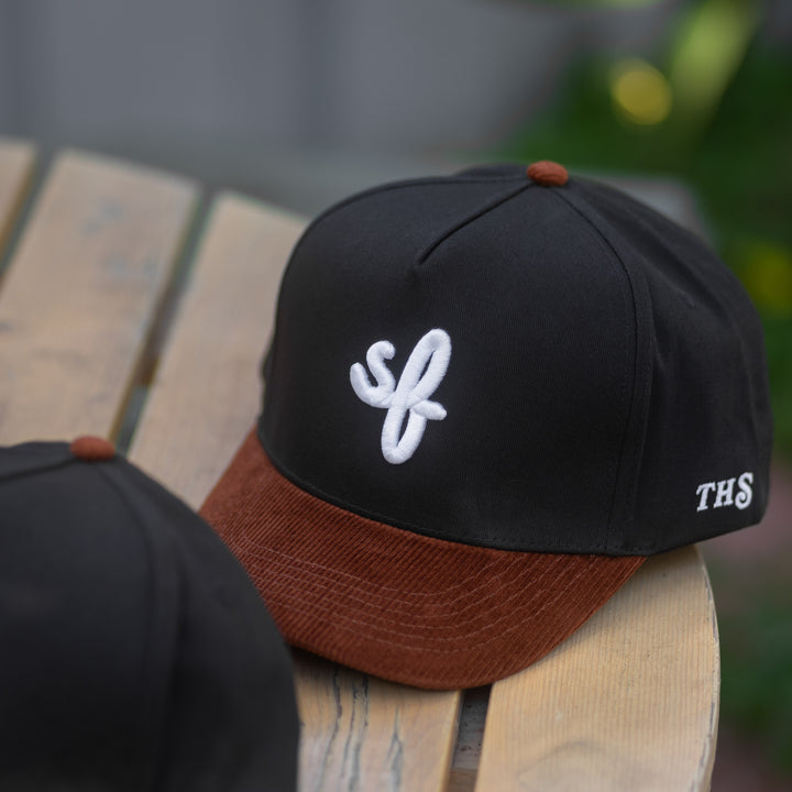 sf san francisco, california cursive snapback hat
