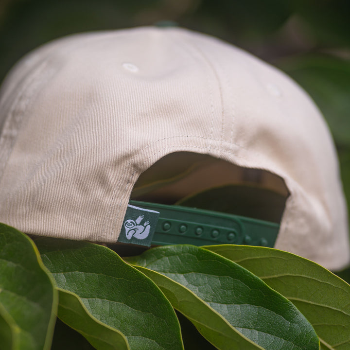 natural and green snapback hat with the hungry sloth logo on the back