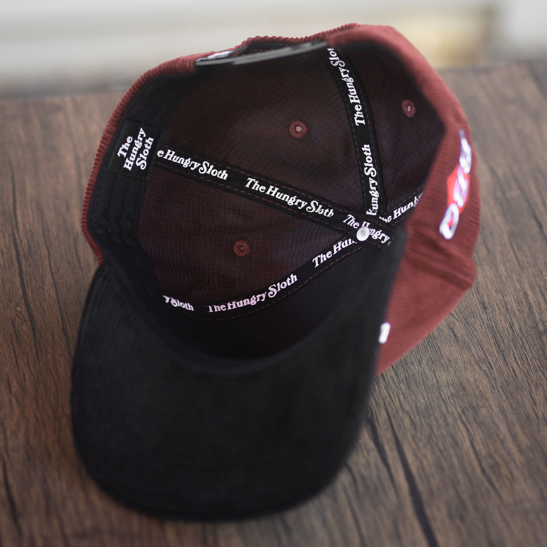 barbecue upside down snapback hat with the hungry sloth branding underneath