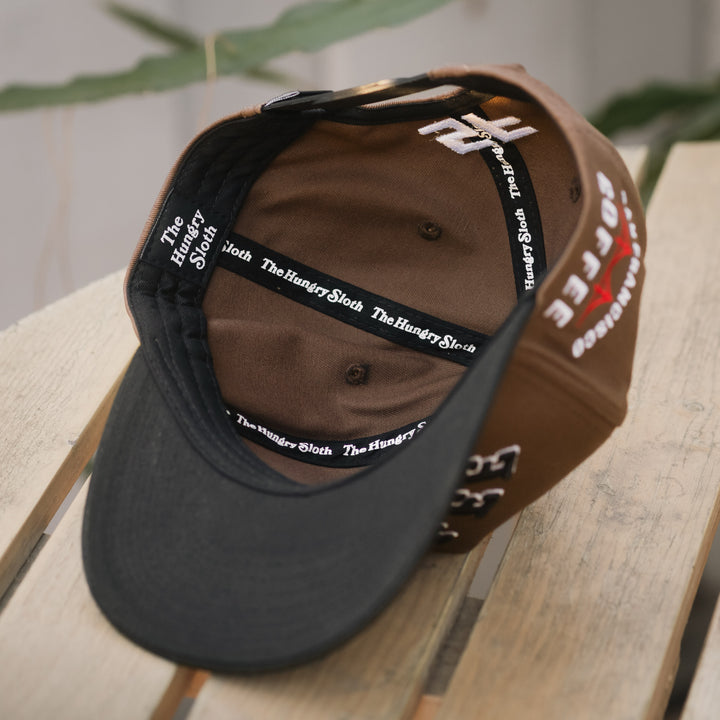 coffee upside down snapback hat san francisco coffee festival edition with the hungry sloth branding underneath