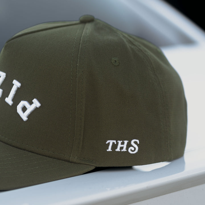 pizza upside down snapback hat olive green with THS logo on the side