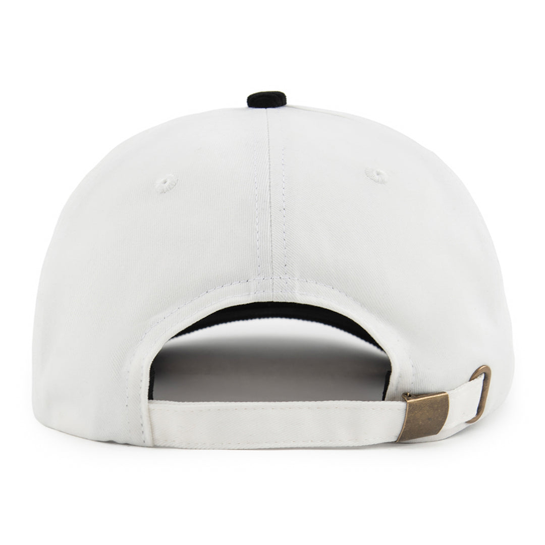 white and black cap with bronze buckle