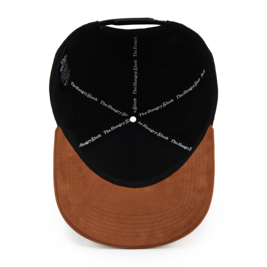 black and brown snapback hat with the hungry sloth branding underneath