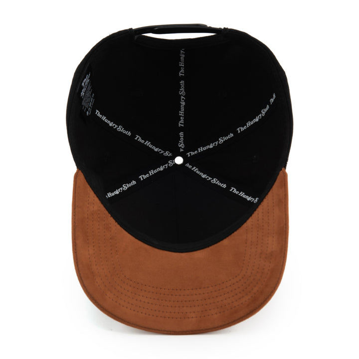 black and brown snapback hat with the hungry sloth branding underneath