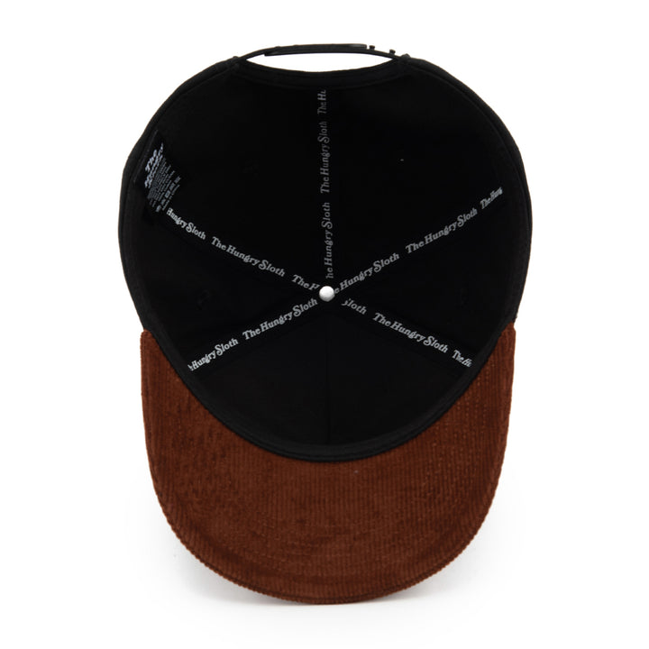 black and brown snapback hat with the hungry sloth branding