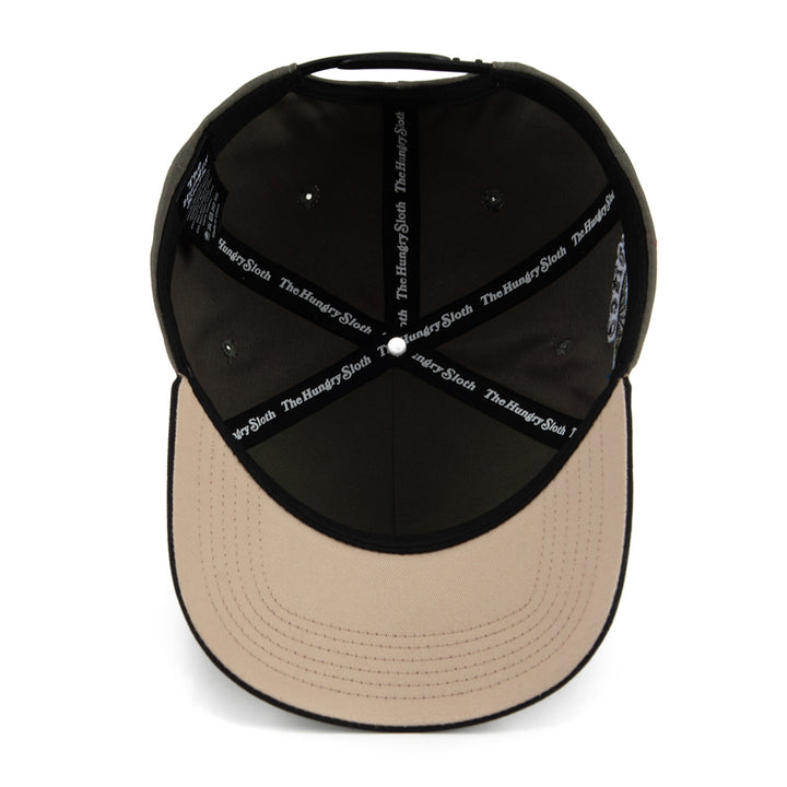 olive snapback hat with a khaki brim. the hungry sloth branding underneath.