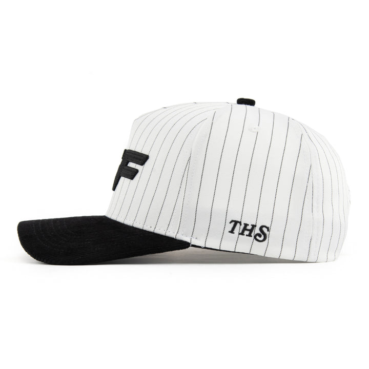 sf san francisco pinstripe snapback hat with the hungry sloth logo on the side