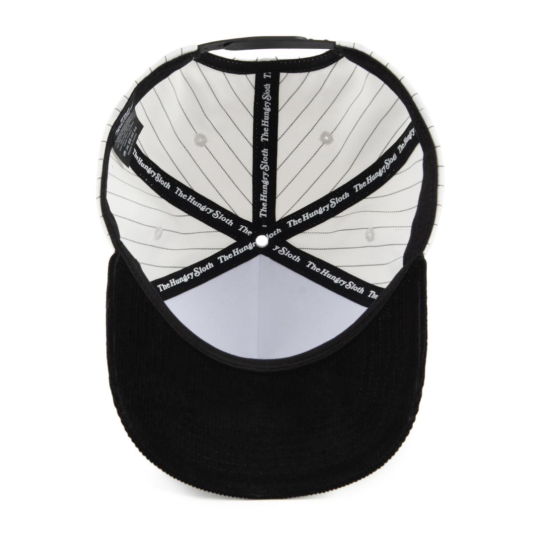 white and black pinstripe snapback hat with the hungry sloth branding on the bottom