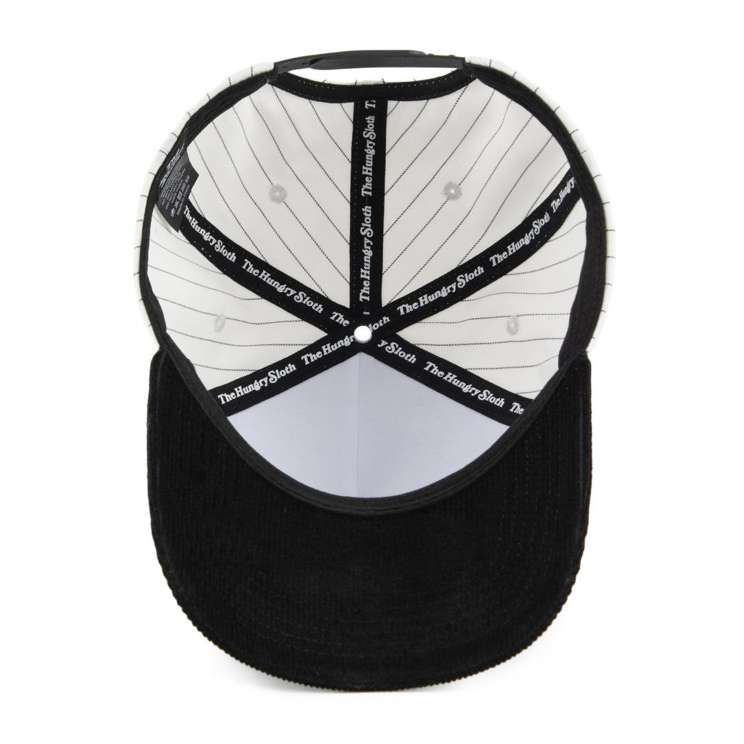 white and black pinstripe snapback hat with the hungry sloth branding from the bottom view