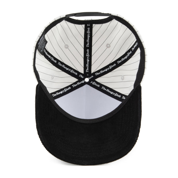 white and black pinstripe snapback hat with the hungry sloth branding from the bottom view