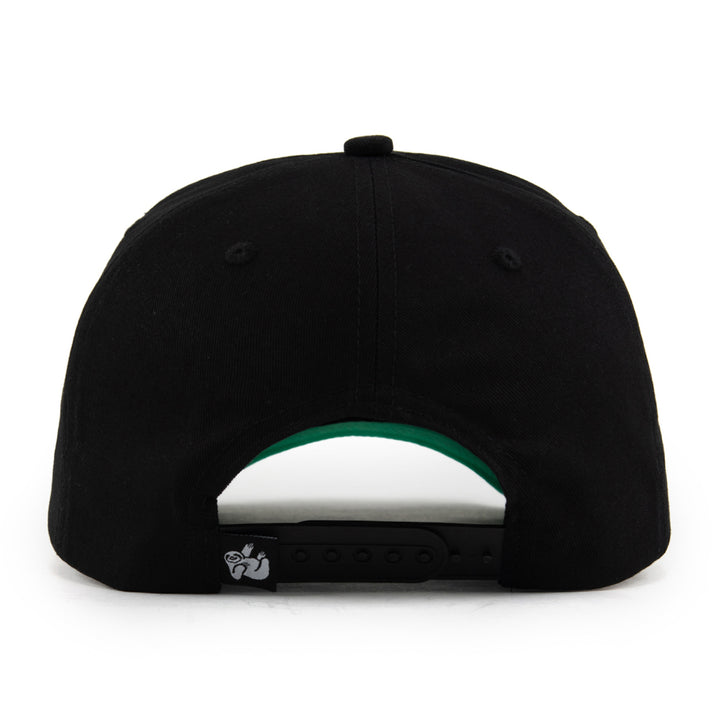 black snapback hat with the hungry sloth label tag on the back