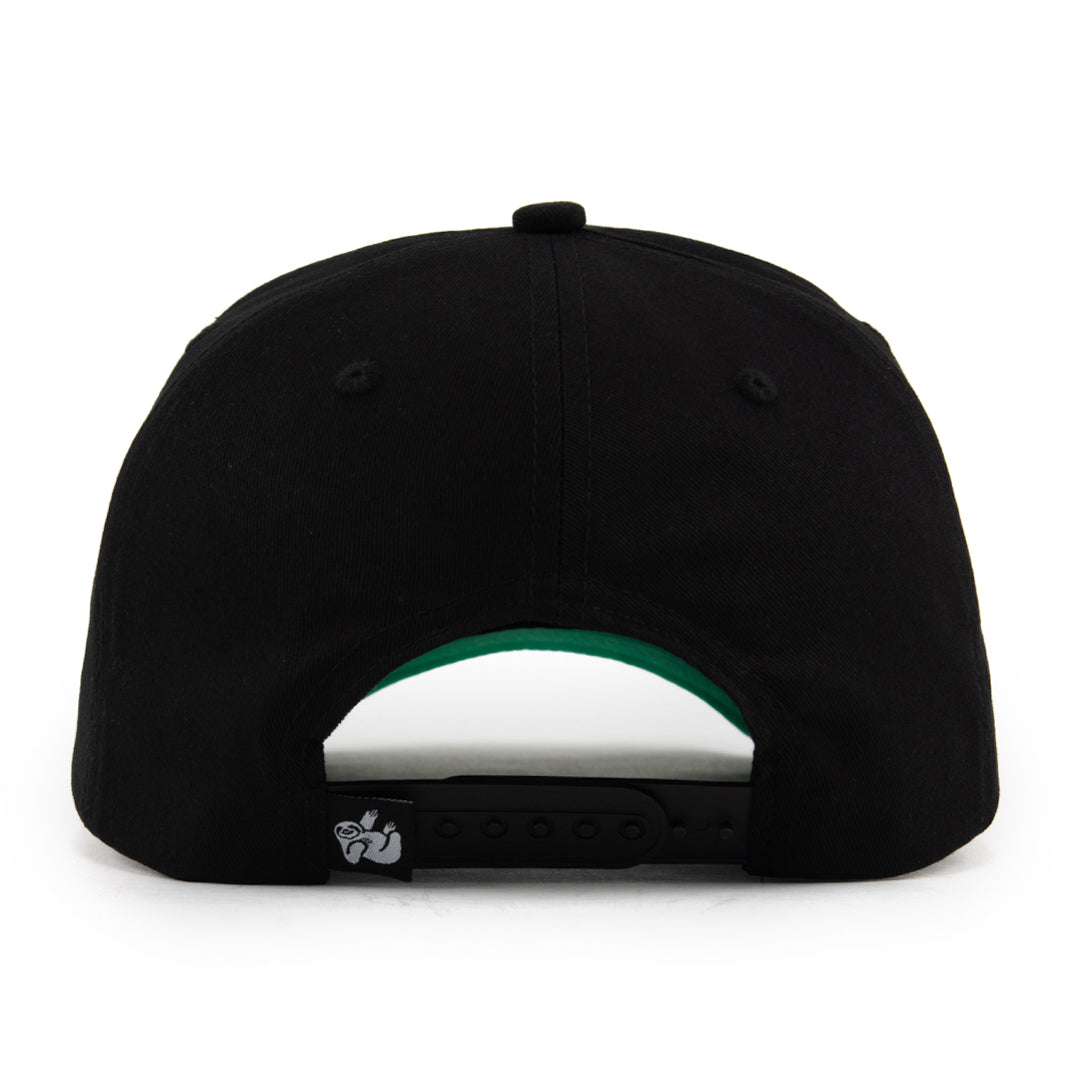 black snapback hat with the hungry sloth label on the back