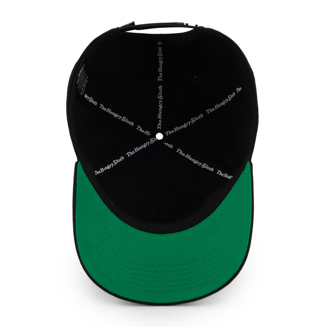 Black cap with green undervisor with The Hungry Sloth branding underneath