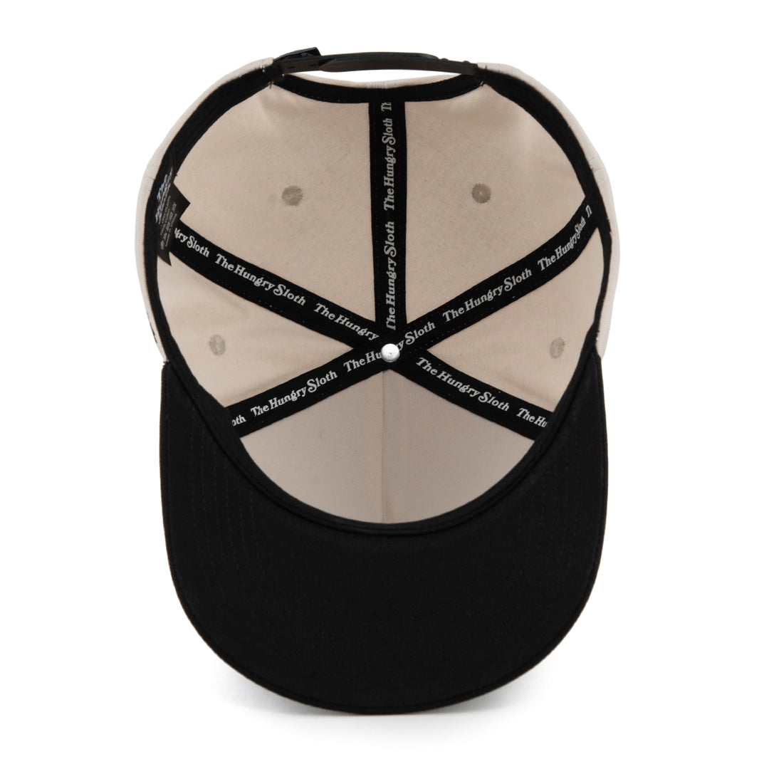 off-white and black snapback hat with the hungry sloth branding underneath