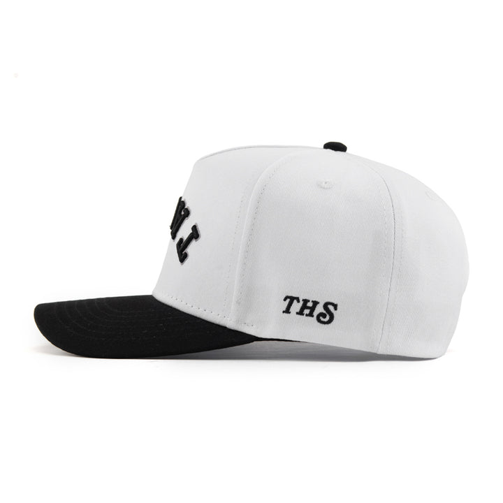 white and black snapback hat with the hungry sloth branding on the side