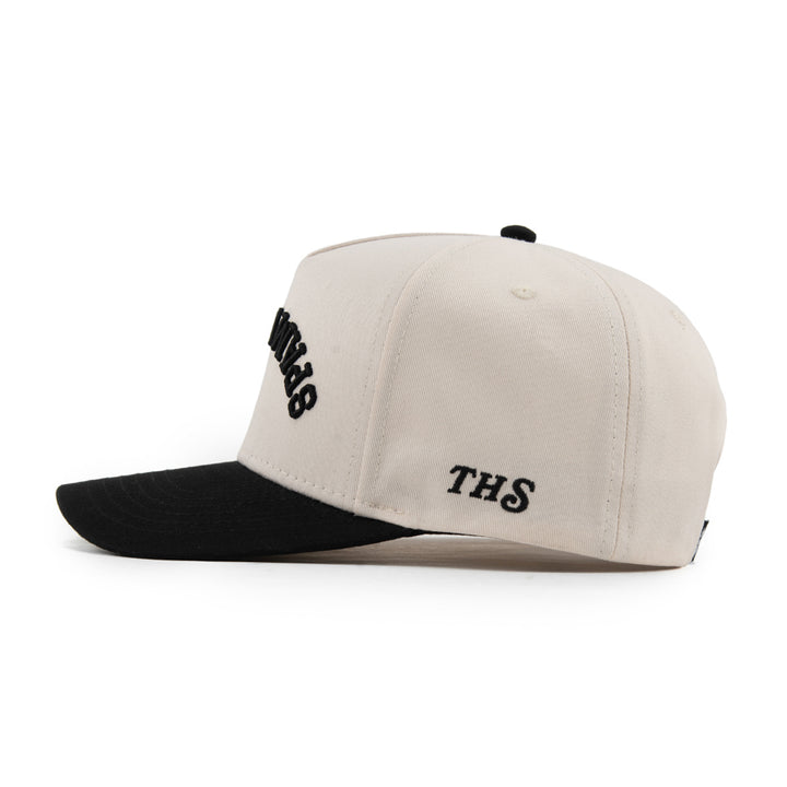 spam musubi upside down snapback hat with THS logo on the side