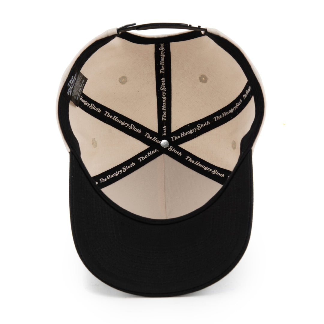 off-white snapback hat with the hungry sloth branding underneath