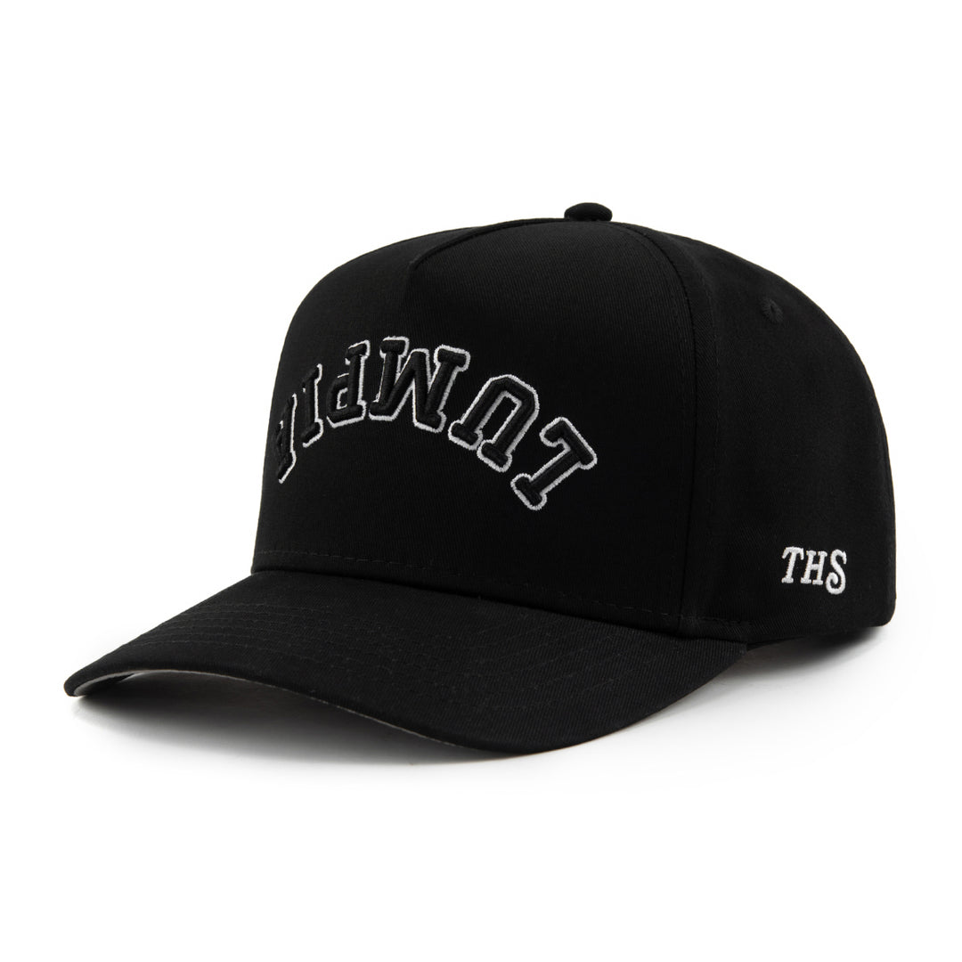 lumpia upside down snapback hat black with the hungry sloth branding on the side