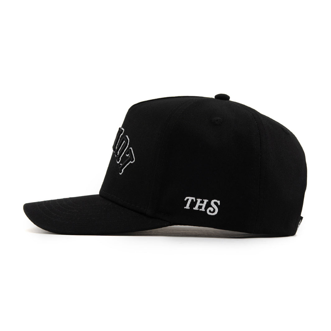 black snapback hat with the hungry sloth branding on the side