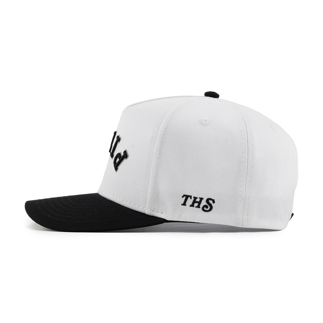 white and black snapback hat with the hungry sloth branding on the side