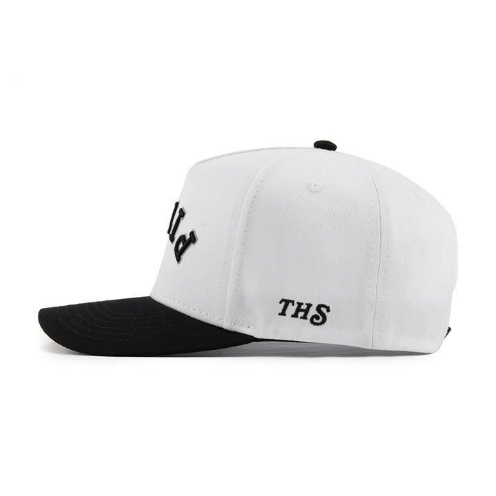 white and black snapback hat with the hungry sloth branding on the side