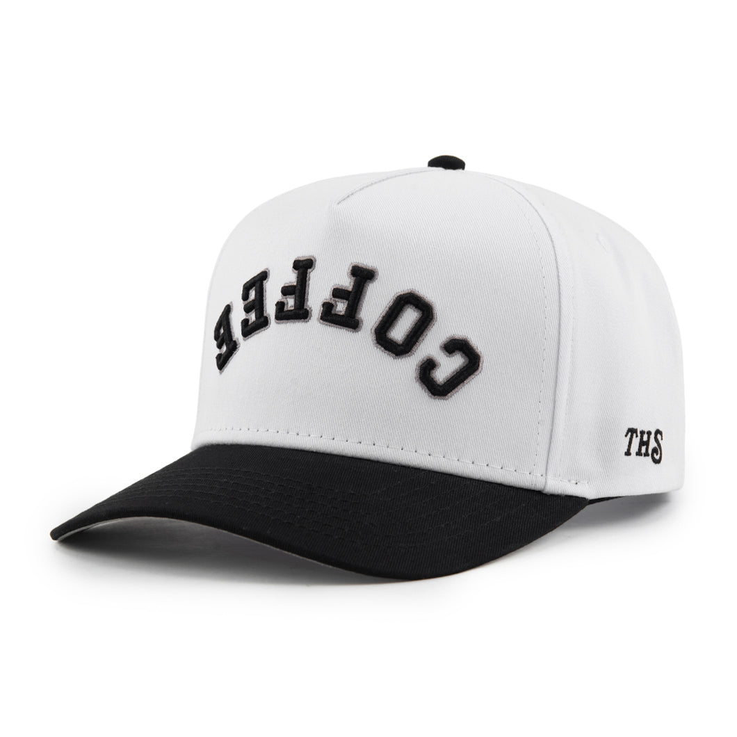 coffee upside down snapback hat with THS branding on the side