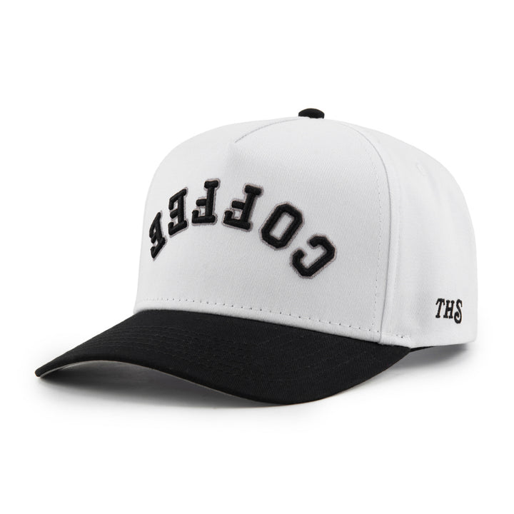 coffee upside down snapback hat with THS branding on the side