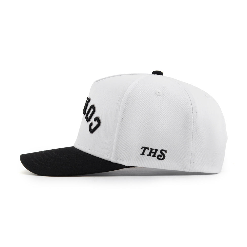 white snapback hat with the hungry sloth branding on the side