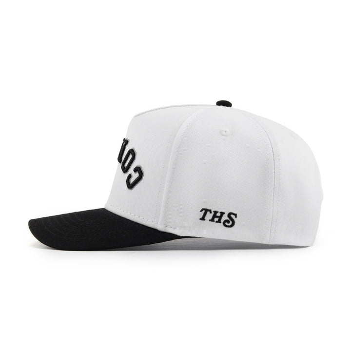 white snapback hat with the hungry sloth branding on the side