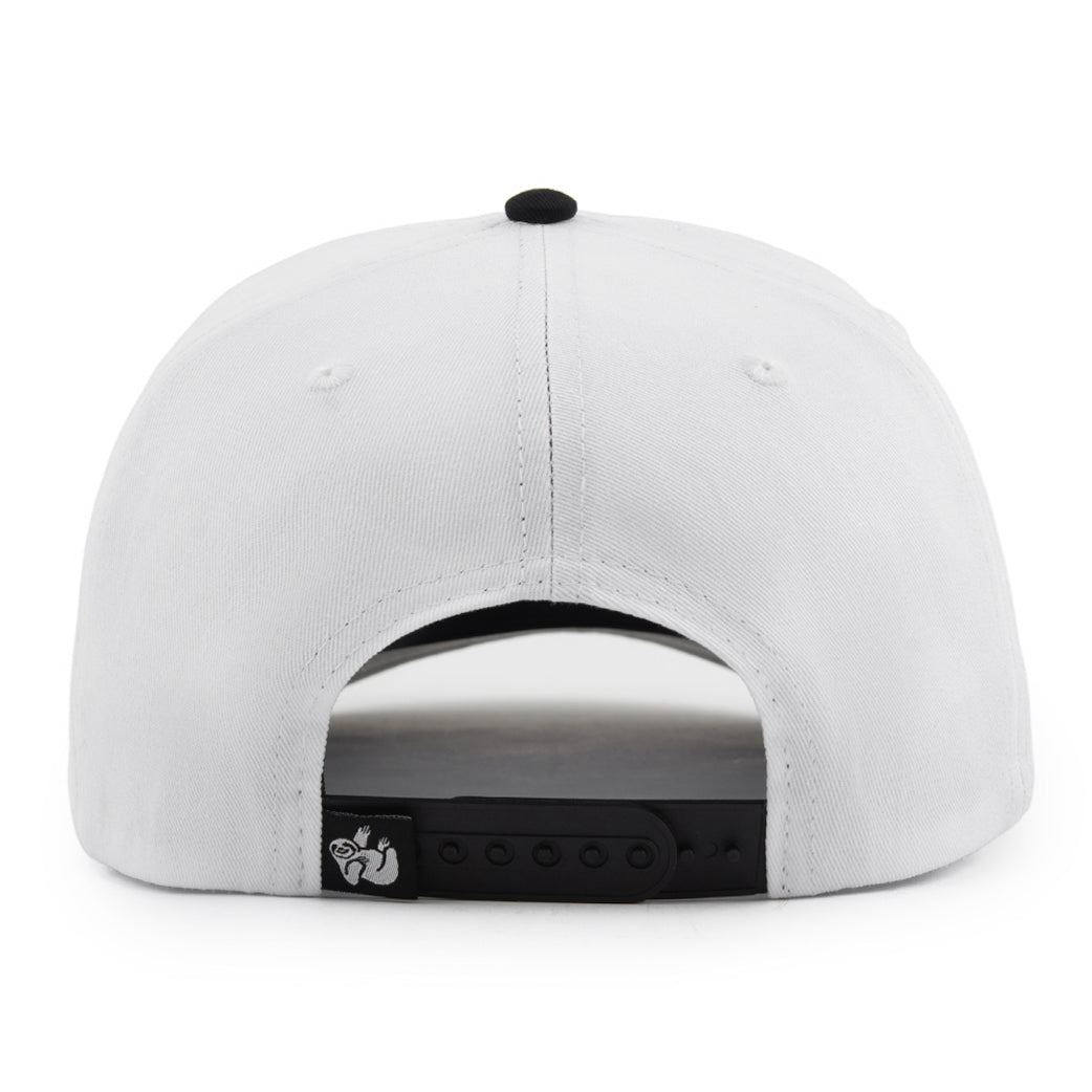 white and black snapback hat with the hungry sloth logo label tag on the back