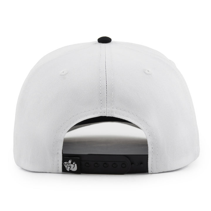 white and black snapback hat with the hungry sloth label tag on the back