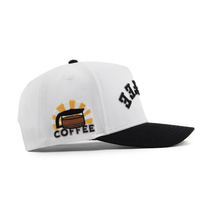 coffee upside down snapback hat with coffee carafe design embroidery on the side