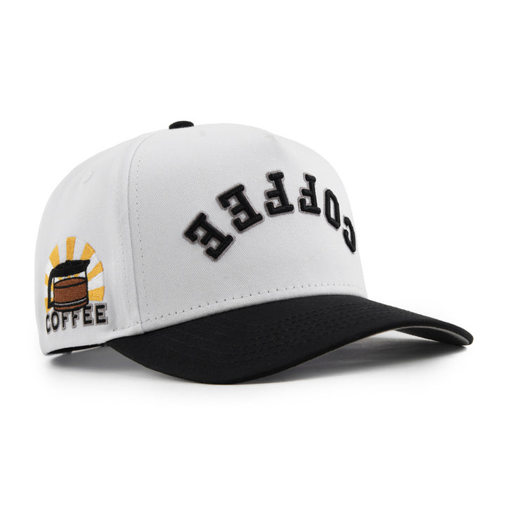 coffee upside down snapback hat with coffee carafe design embroidery on the side