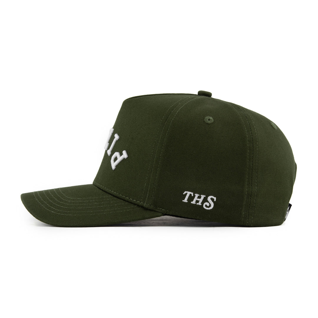 pizza upside down snapback hat olive green with THS logo on the side