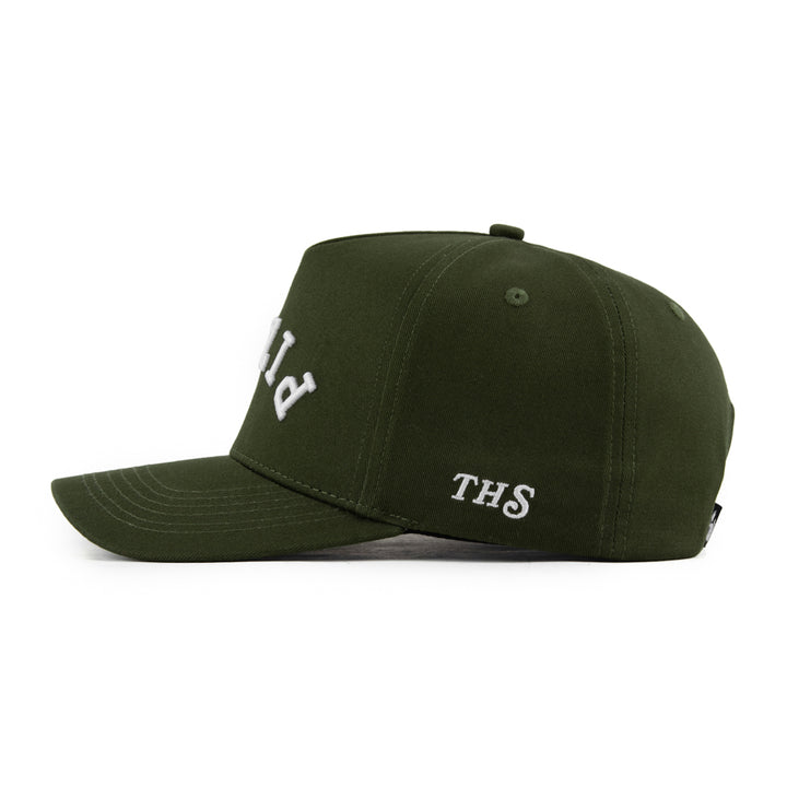 pizza upside down snapback hat olive green with THS logo on the side