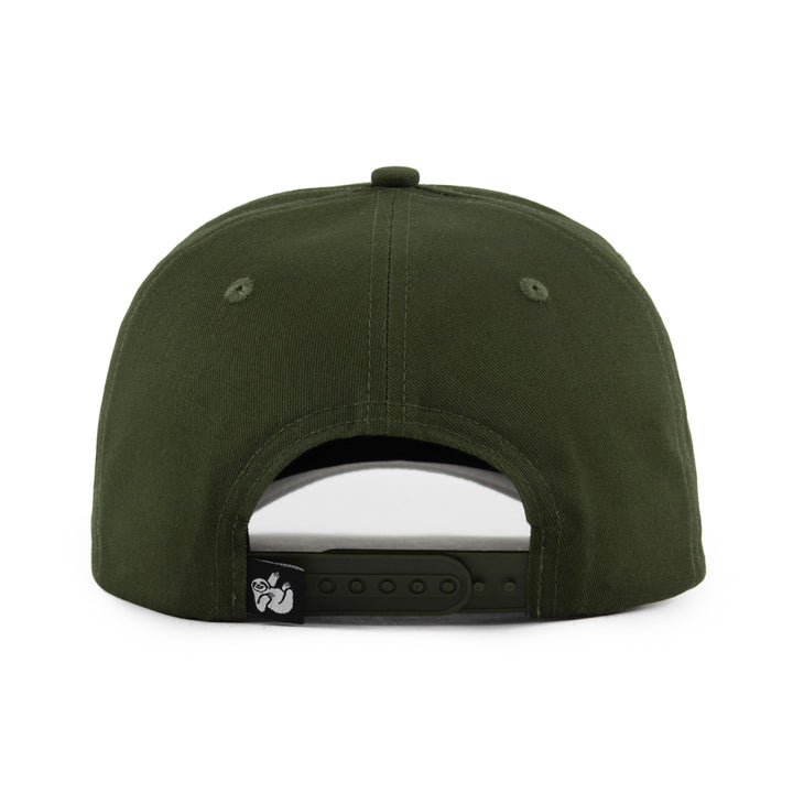 olive green snapback hat from the back with the hungry sloth logo label