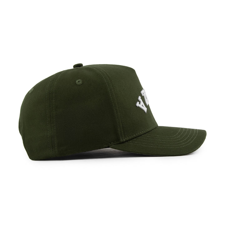 pizza upside down snapback hat olive green from the side angle