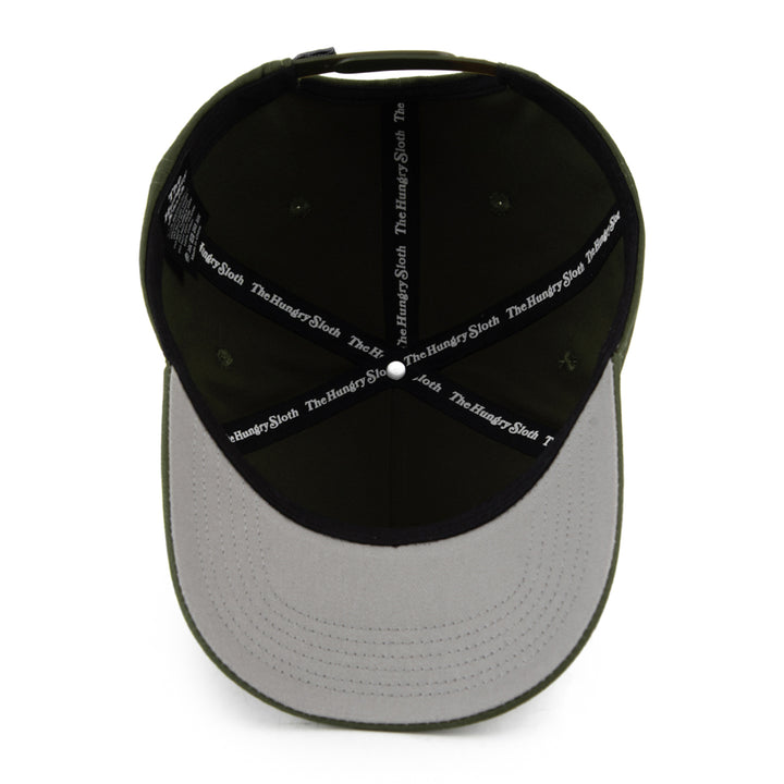 olive green snapback hat from underneath with the hungry sloth branding and grey undervisor